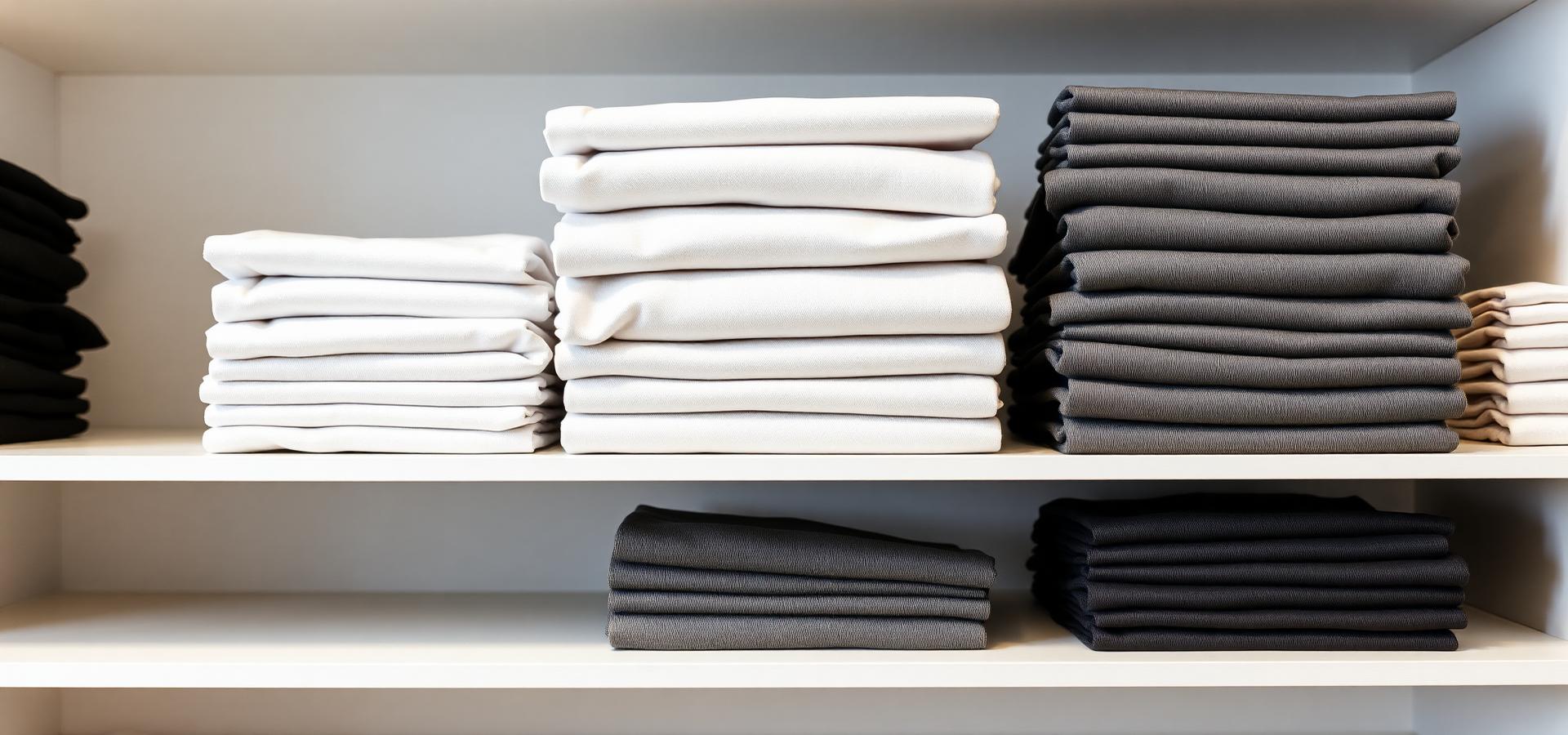 Folded premium apparel on minimal shelving